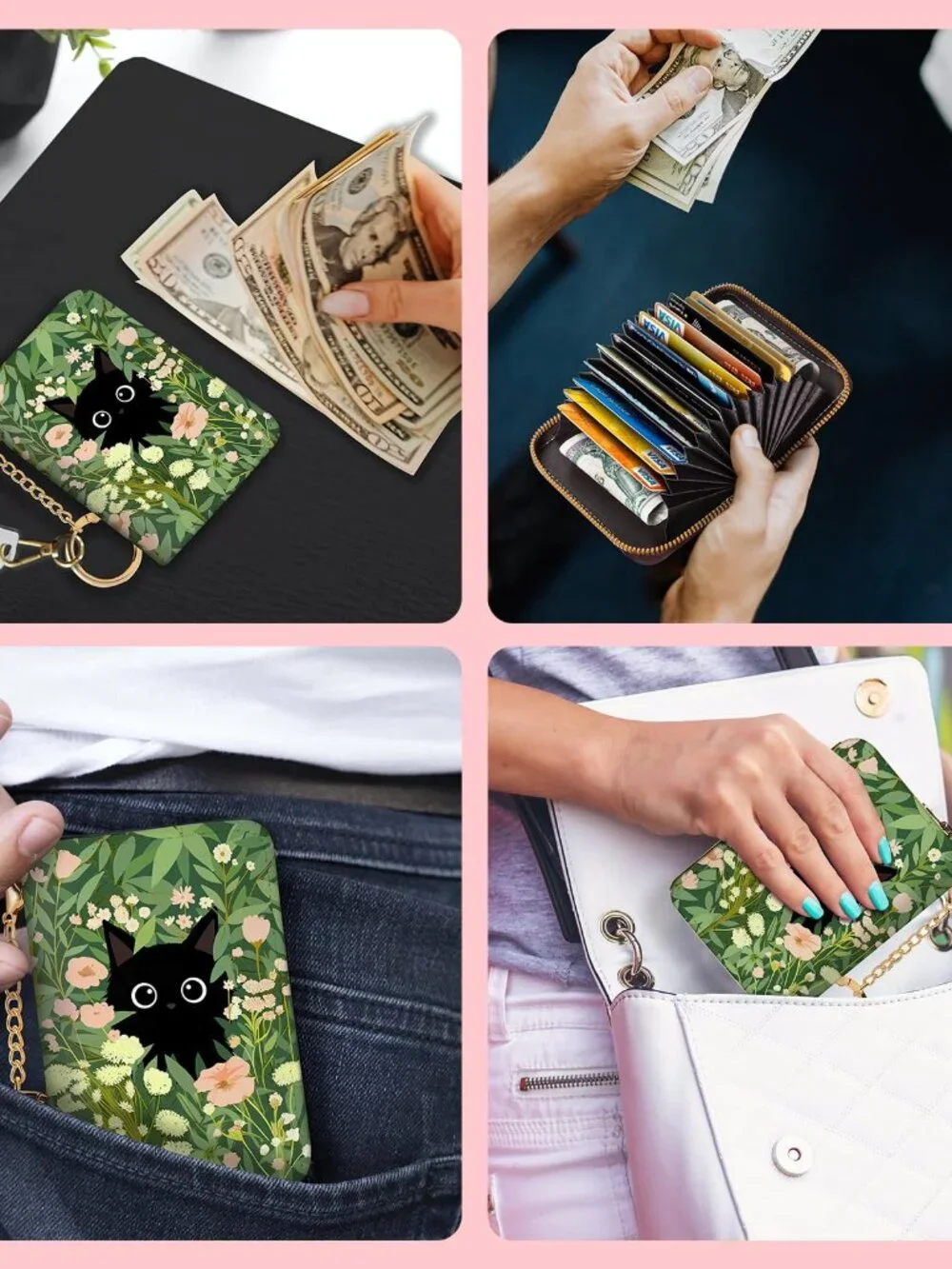 Blusabaca Women's Black Cat Floral RFID Wallet, Waterproof, Leather, 12 Card Slo